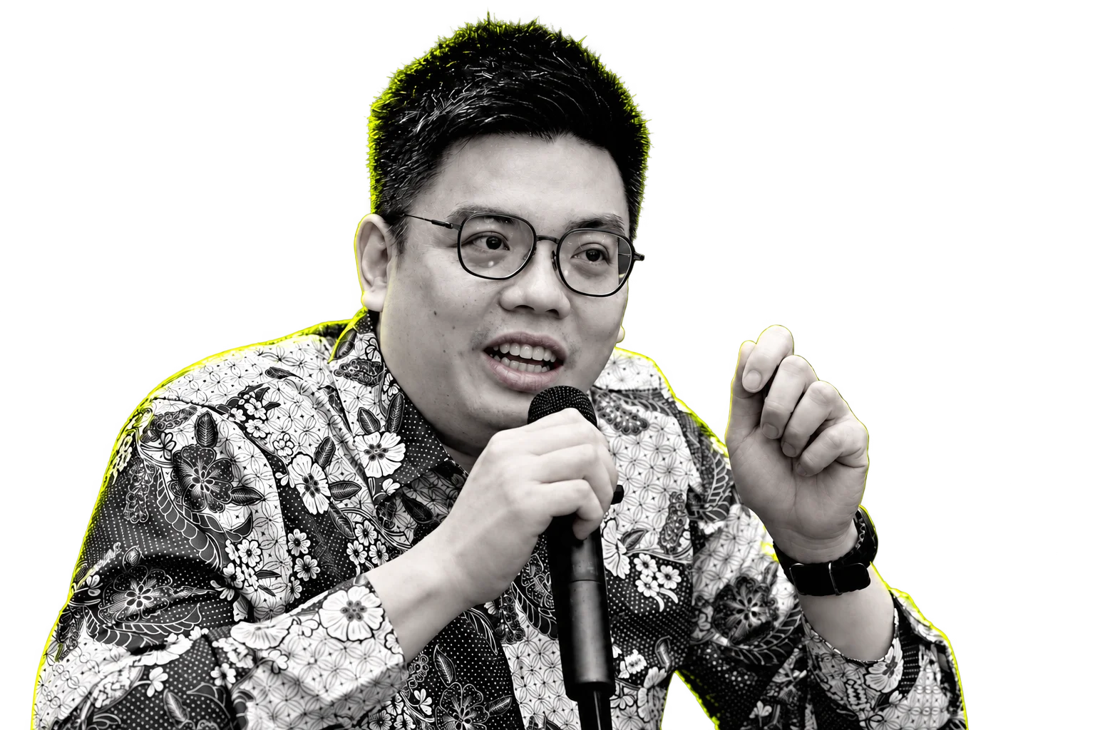 Endry speaking into a microphone in a batik shirt, with a monochrome and lime colour treatment.